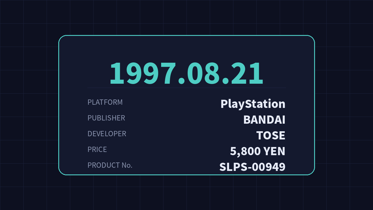 Fiche résumant la sortie : 21 août 1997, PlayStation, Bandai, TOSE, 5 800 yens, SLPS-00949