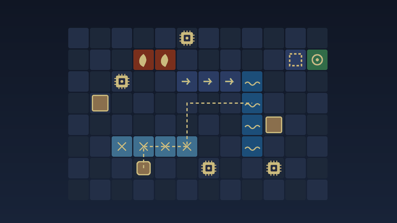 Impression of an abstract tile board with water, fire, ice and force-floor tiles (AI-generated)