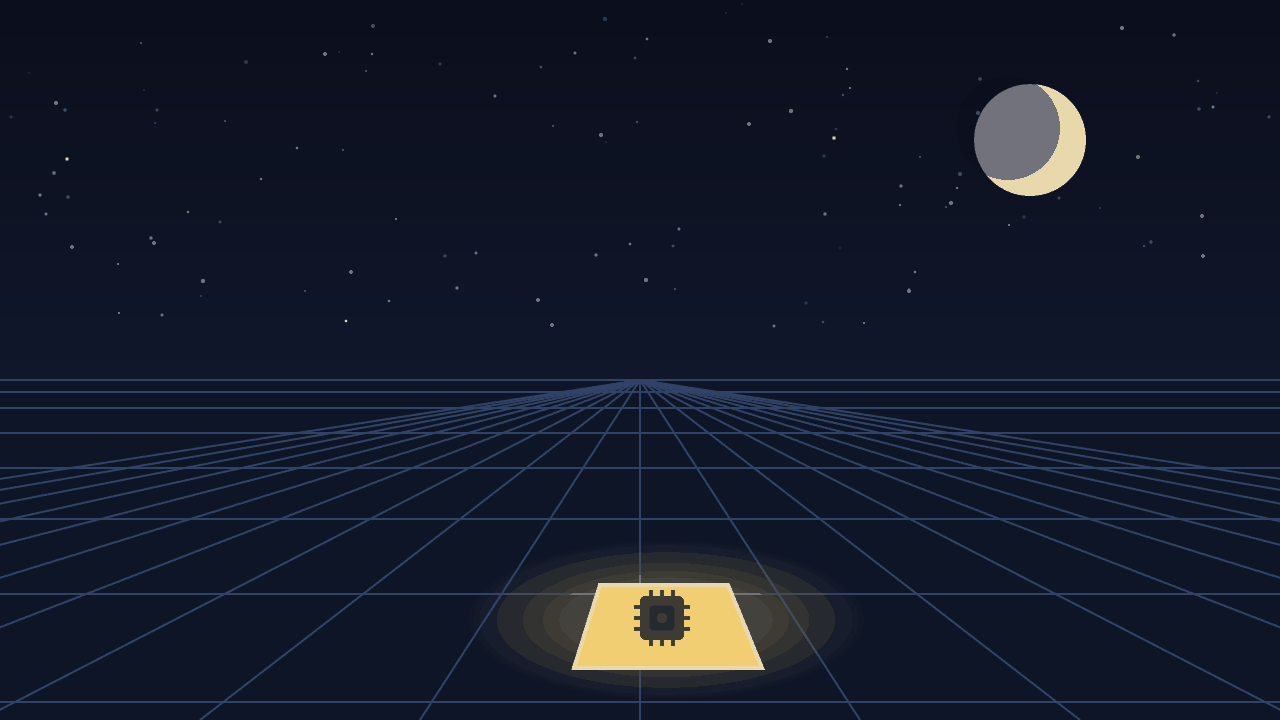 Impression of a single lit tile on a grid stretching toward a night horizon (AI-generated)