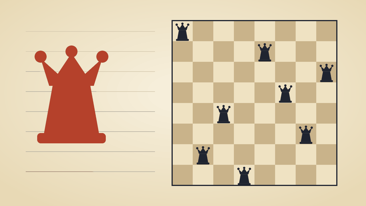 Impression of an 8x8 board with eight queens (AI-generated)