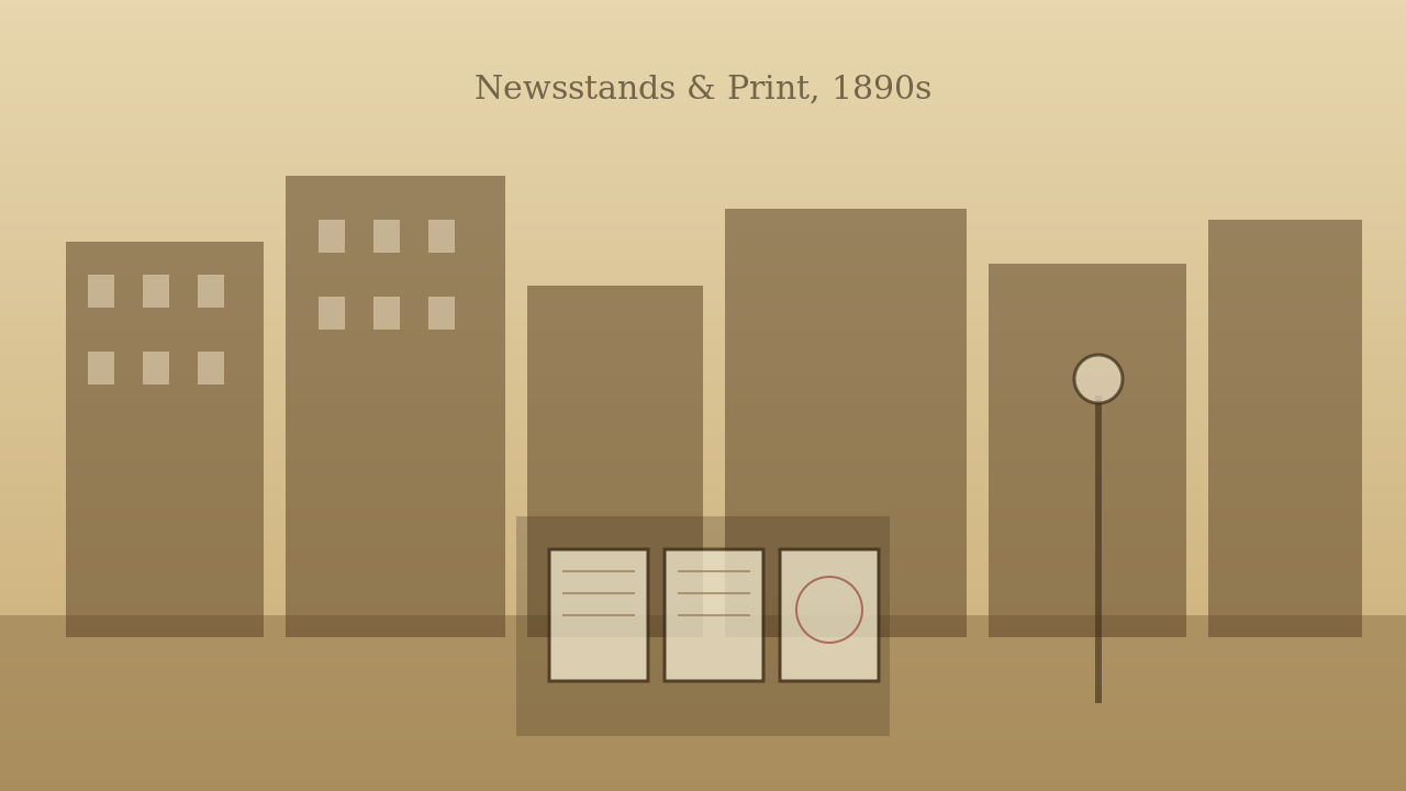 A late-19th-century street corner lined with newspaper puzzle columns and print advertising cards (AI-generated)