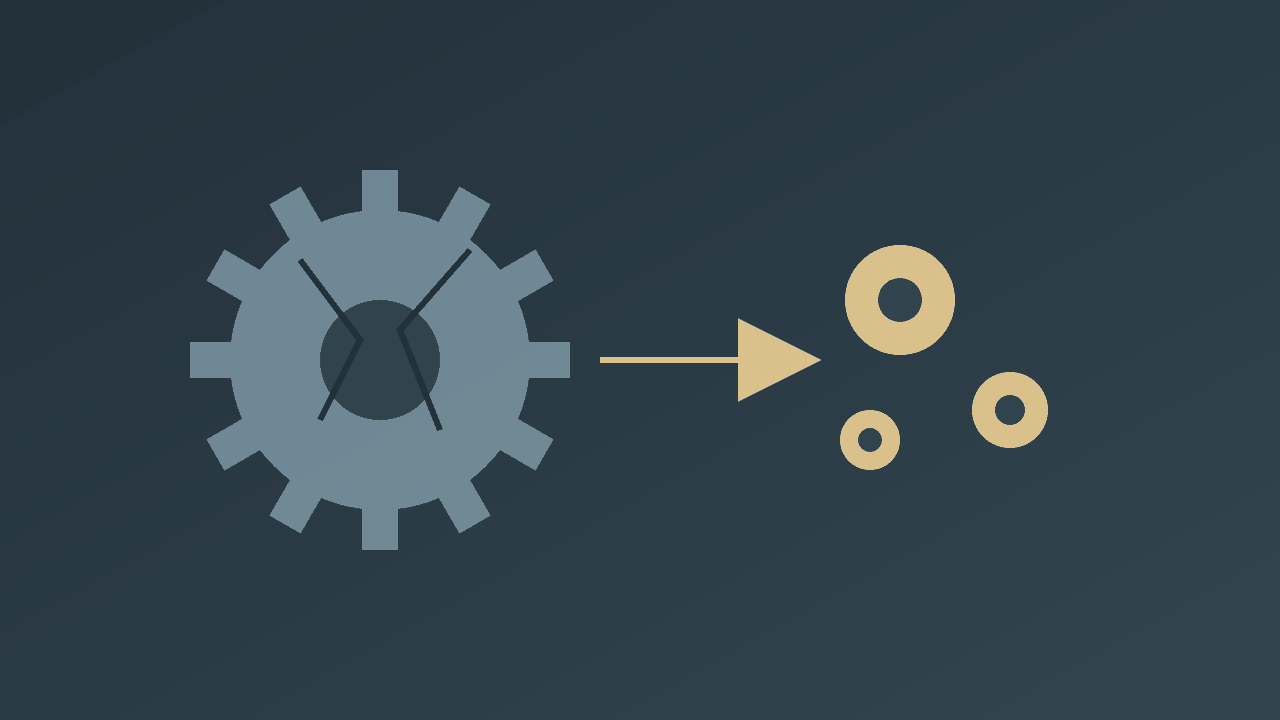 Impression of a large gear being rebuilt into smaller gears