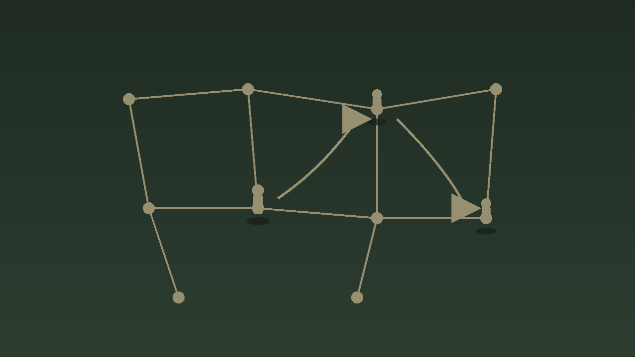 Impression of pieces alternately advancing across a board of dots and lines