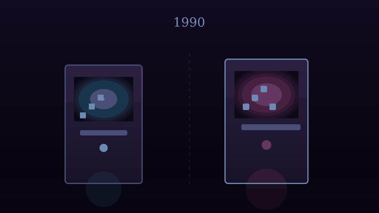 並んで光る二台のアーケード筐体と、1990年という年号の時代背景（AI生成）