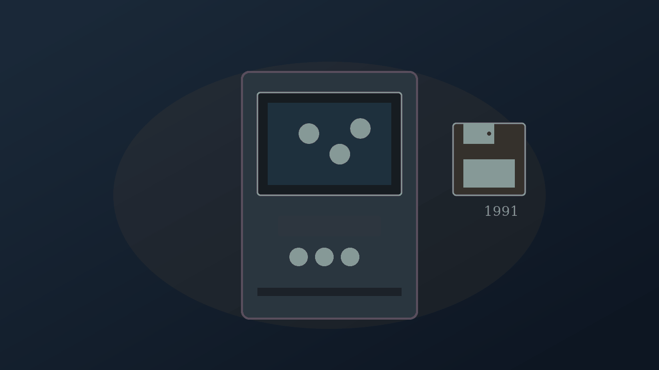 1991年当時のアーケード筐体とフロッピーディスクを思わせる情景のイメージ（AI生成）