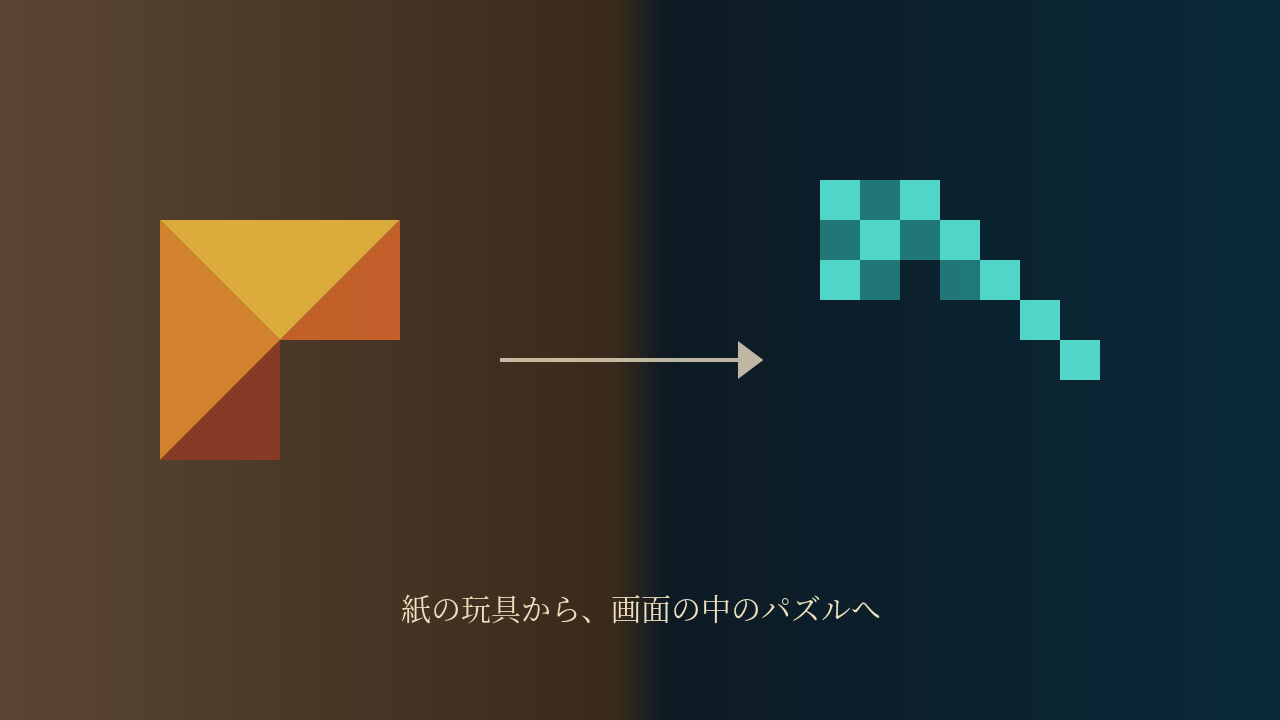 Impression of a lineage from the 1800s paper tangram to a modern digital version (AI-generated)