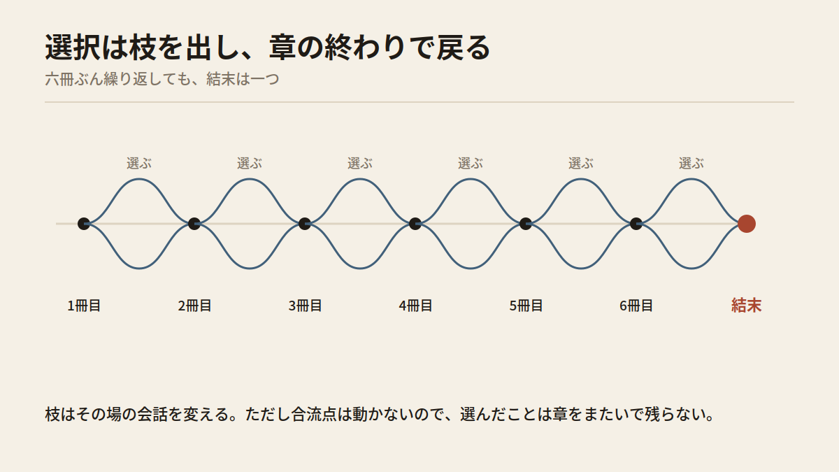 Diagram: six nodes on a line, each splitting into two branches that immediately rejoin, ending at one finale